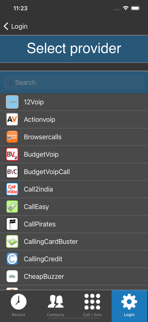 Select provider list in MobileVOIP international calling app.
