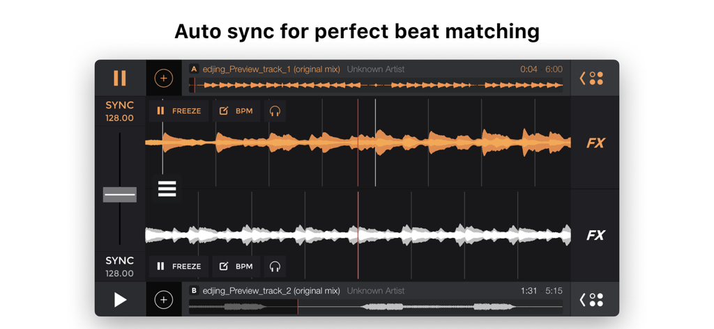 edjing Pro app interface with dual audio waveforms and auto sync for beat matching