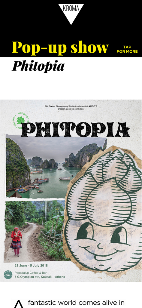 KROMA Magazine - Digital layout of the Phitopia art exhibition featured in KROMA Magazine.