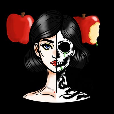 bust of a woman, half face and hair, half skull