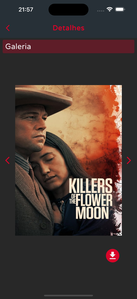 Indica Filme - Screenshot of the Indica Filme app gallery showing the movie poster for Killers of the Flower Moon