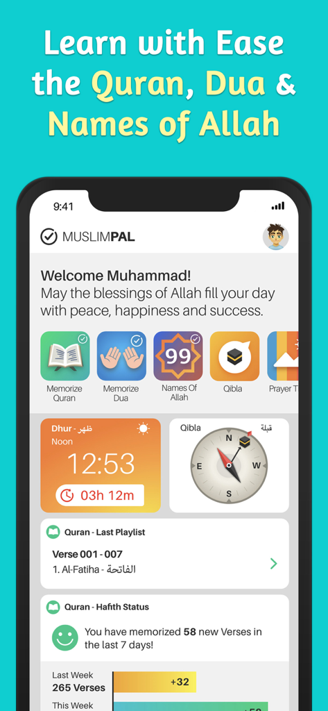 Memorize Easily | Muslim Pal® - Muslim Pal app dashboard showing Quran memorization progress prayer times and Qibla compass