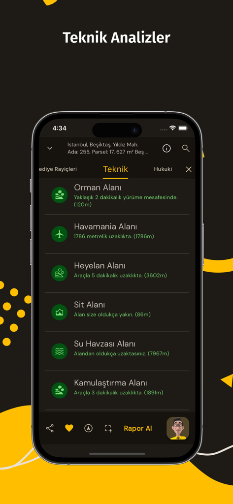 Écran de l'application Tapusor affichant des données d'analyse technique et des risques environnementaux pour une propriété immobilière.