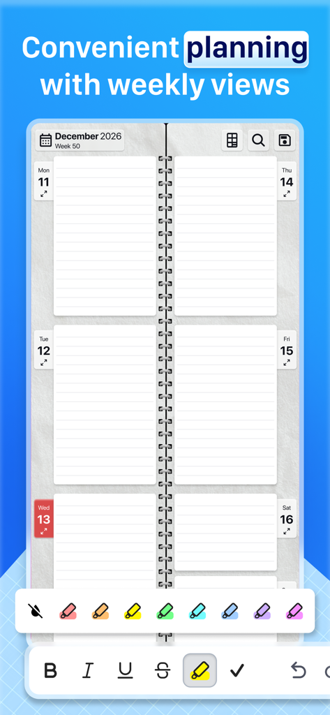 Digital paper planner interface displaying a weekly schedule with color highlighting and text formatting tools