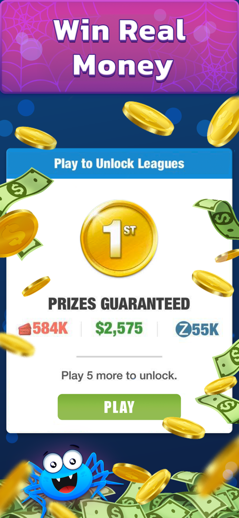 Spider Solitaire: Cash Games - Pantalla de la aplicación Spider Solitaire que muestra el titular 'Gana dinero real' y premios en efectivo garantizados