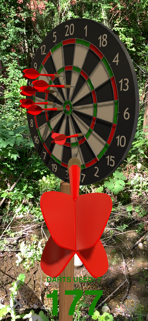 [AR] Darts - A virtual dartboard with red darts rendered in a real outdoor environment via AR