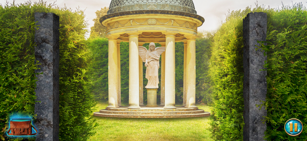 A mystery adventure game scene featuring a stone gazebo with an angel statue in a garden maze