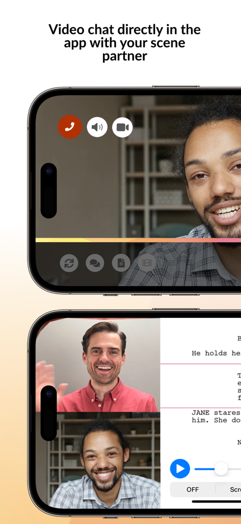 WeAudition app interface showing a video call with a scene partner and a split-screen view for reading audition scripts.