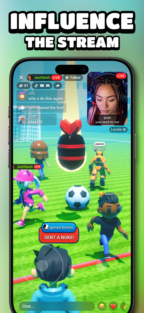 HypeHype: Play LIVE Games - A female streamer playing a live soccer game where a viewer sent a nuke to influence the gameplay