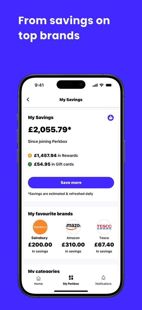 Perkbox mobile app dashboard showing savings tracker and discounts from popular brands