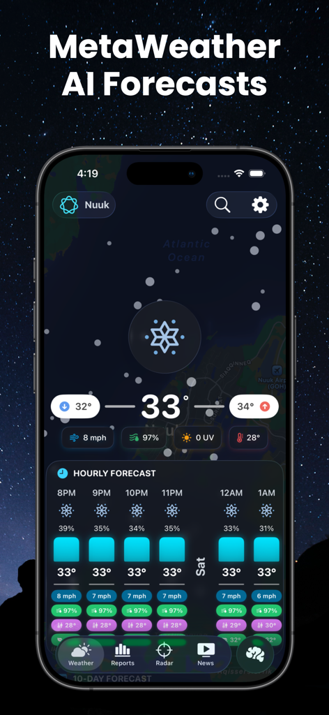 MetaWeather app interface featuring AI weather forecasts and hourly data