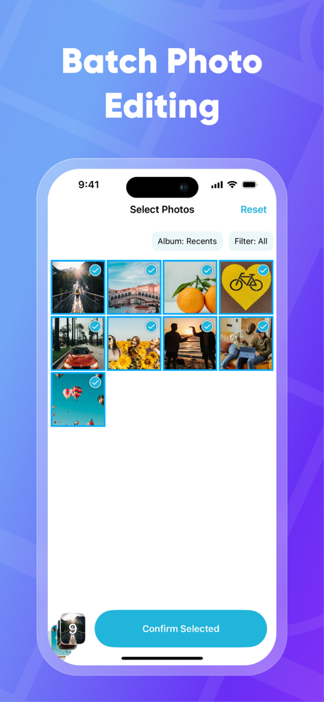 iPhone screen showing the batch photo selection feature in the PhotoMapper app for editing EXIF data