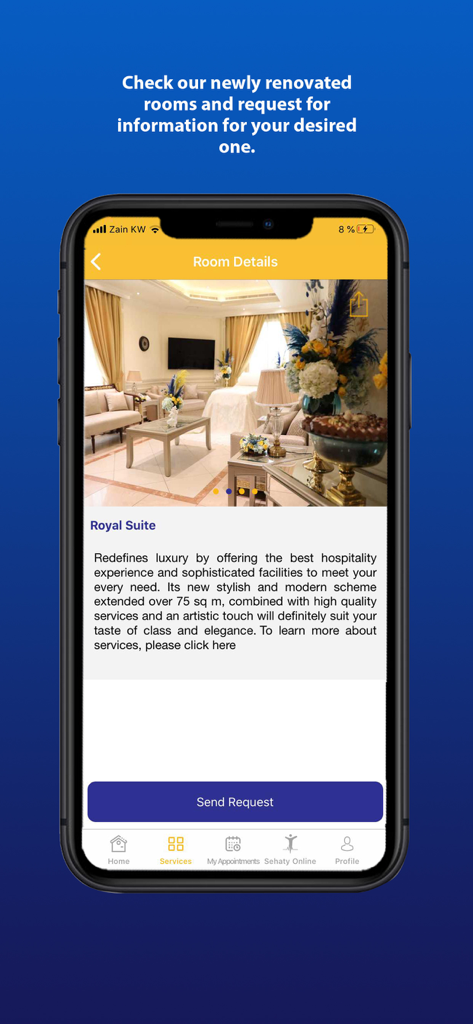 Dar Al Shifa - Screenshot of the Dar Al Shifa app showing a luxury Royal Suite hospital room with detailed information and a request button