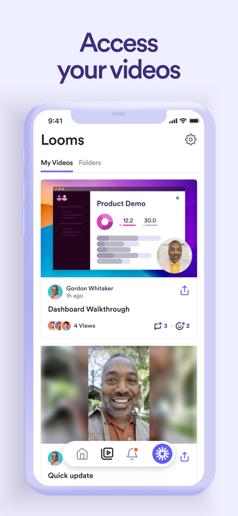 Loom: Screen Recorder - The Loom iOS app interface displaying a list of recorded videos including a dashboard walkthrough and quick update.
