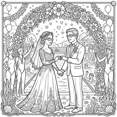 Celebrate a truly unique union with our Master Swimmers Wedding coloring page. This delightful scene captures the joy of a poolside ceremony where love and passion for swimming beautifully collide.