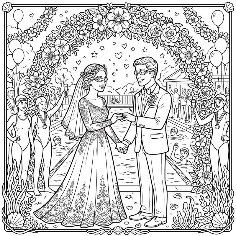 Celebrate a truly unique union with our Master Swimmers Wedding coloring page. This delightful scene captures the joy of a poolside ceremony where love and passion for swimming beautifully collide.