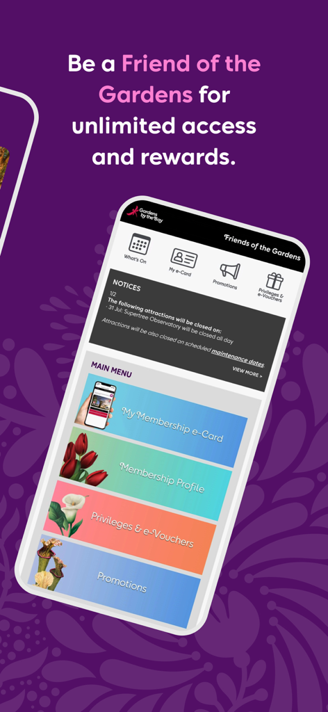 Gardens by the Bay - Oberfläche der Gardens by the Bay App, die das Freundschaftsprogramm Friends of the Gardens und das Prämienmenü anzeigt