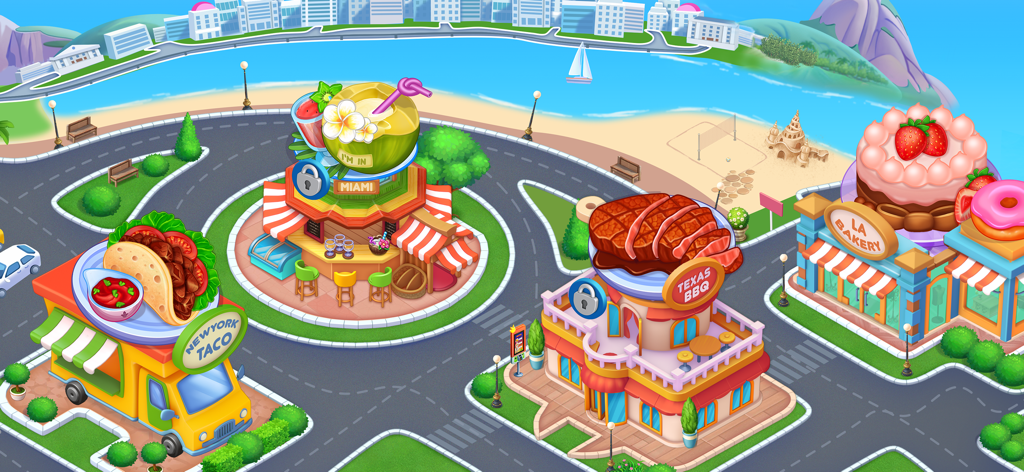 Cooking Star: American Food - In-game map showing various regional restaurants including Texas BBQ and LA Bakery along a coastal road