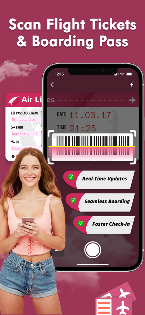 Spot Planes - Flights tracker - Una mujer usando la aplicación Spot Planes para escanear un código de barras de billete de avión para obtener actualizaciones de viaje en tiempo real