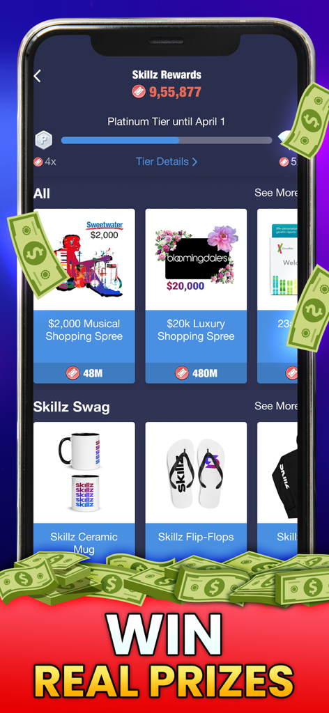 Pantalla de recompensas de Skillz de la aplicación Pachinko Cash mostrando compras importantes y premios en mercancía.