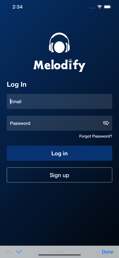 Melodify Music and Podcasts - Login interface for the Melodify music and podcasts app featuring email and password entry fields.