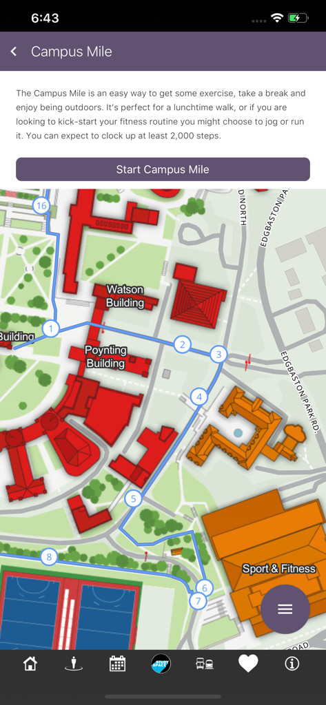 UoB Campus Map - UoB Campus Map app showing a designated walking route called the Campus Mile on the university map.