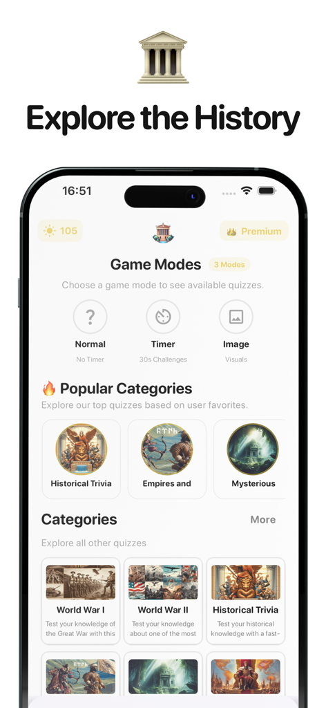 History Games: Trivia - 제1차 세계 대전, 제2차 세계 대전 및 역사 퀴즈와 같은 게임 모드와 카테고리를 보여주는 역사 게임 퀴즈 앱의 모바일 인터페이스.