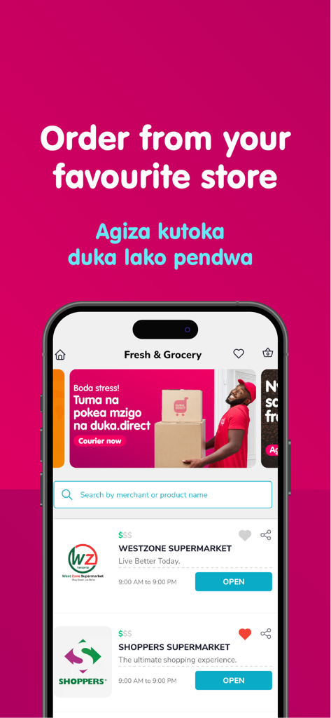 duka.direct - Interface of the duka.direct app showing grocery store options like Westzone and Shoppers Supermarket in Tanzania