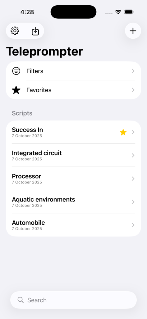 Teleprompter Studio - Interfaz de la aplicación Teleprompter Studio que muestra una lista de guiones con funciones de búsqueda y organización