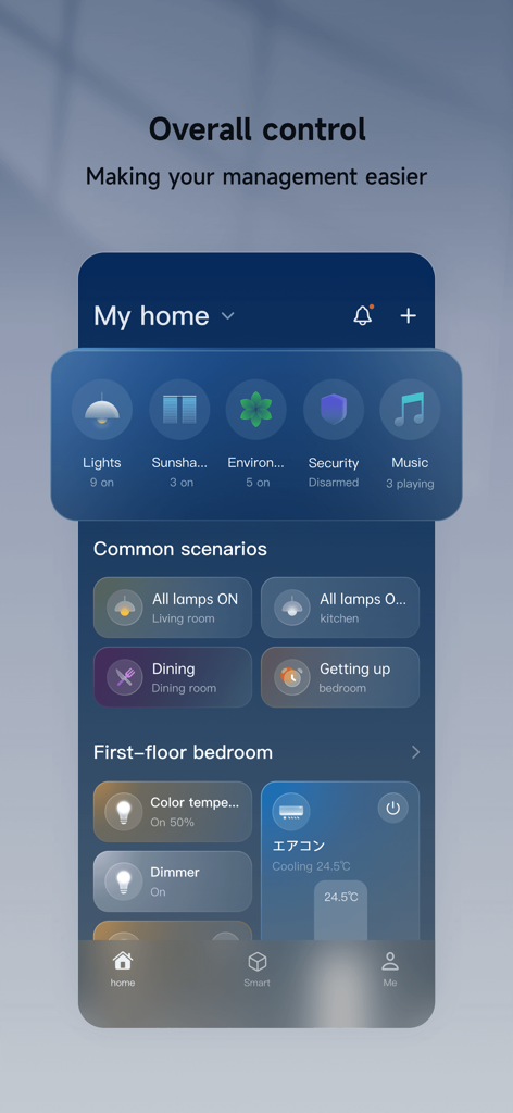 ORVIBO Home - Interface of ORVIBO Home app displaying overall home control and common automation scenarios