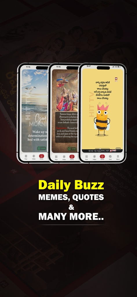 HIT TV - HIT TV mobile app interface displaying daily buzz memes quotes and devotional content for Indian diaspora