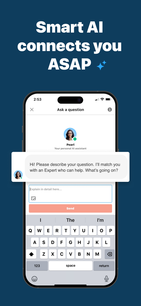 JustAnswer mobile app chat screen showing an AI assistant named Pearl connecting users with experts.