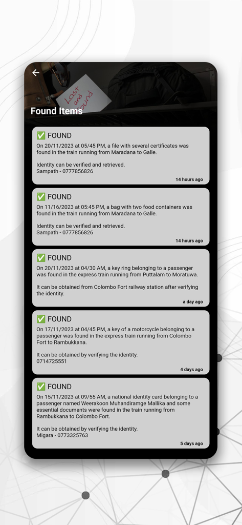 RDMNS.LK - Live Train Updates - List of found items on Sri Lankan trains in the RDMNS.LK app interface