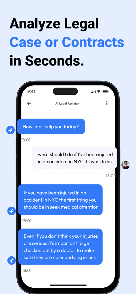 AI Lawyer - AI Legal Assistant - Interfaz de chat de la aplicación Abogado IA que muestra asesoramiento legal instantáneo y análisis de casos.