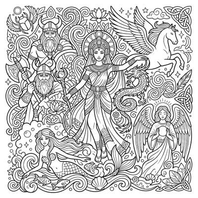 Dive into a captivating world of ancient myths and legendary beings with this unique coloring page. Featuring gods, goddesses, heroes, and mystical creatures, it offers an engaging creative escape for all ages.
