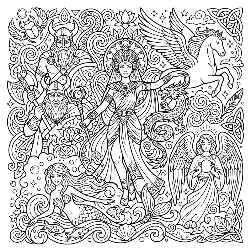 Dive into a captivating world of ancient myths and legendary beings with this unique coloring page. Featuring gods, goddesses, heroes, and mystical creatures, it offers an engaging creative escape for all ages.