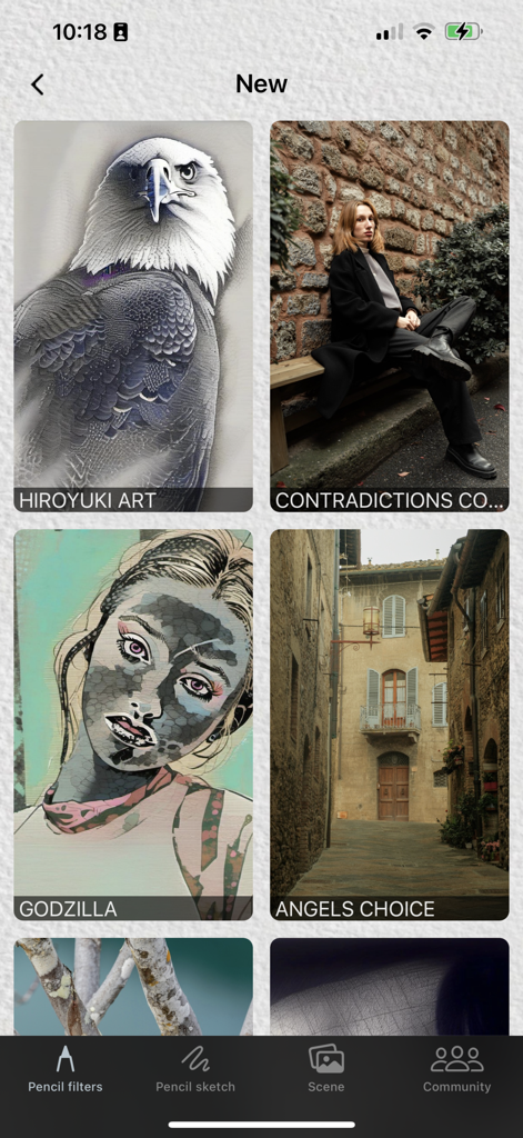 A gallery of artistic photo filters in the Graphite AI app showcasing various sketch styles