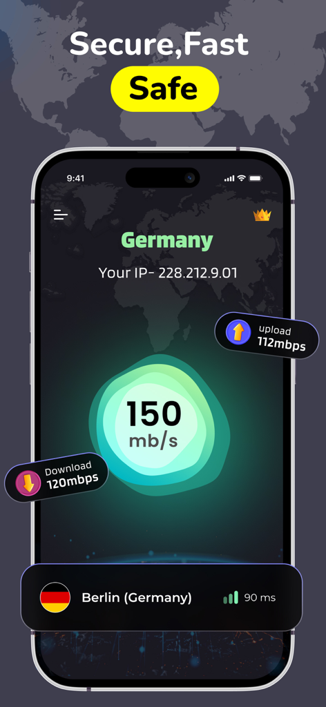 VPN - High Speed VPN, VBN, VP - iPhone screen showing a VPN app connected to a fast server in Berlin Germany with speed metrics