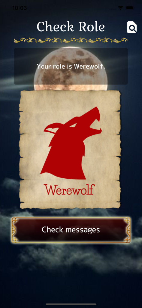 Werewolf -In a Cloudy Village- - A screenshot of the Check Role screen in the Werewolf game showing the assigned Werewolf role with a red wolf icon.
