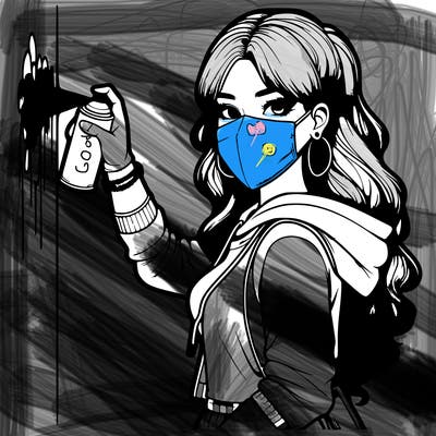 realistic girl with mask spray painting a wall