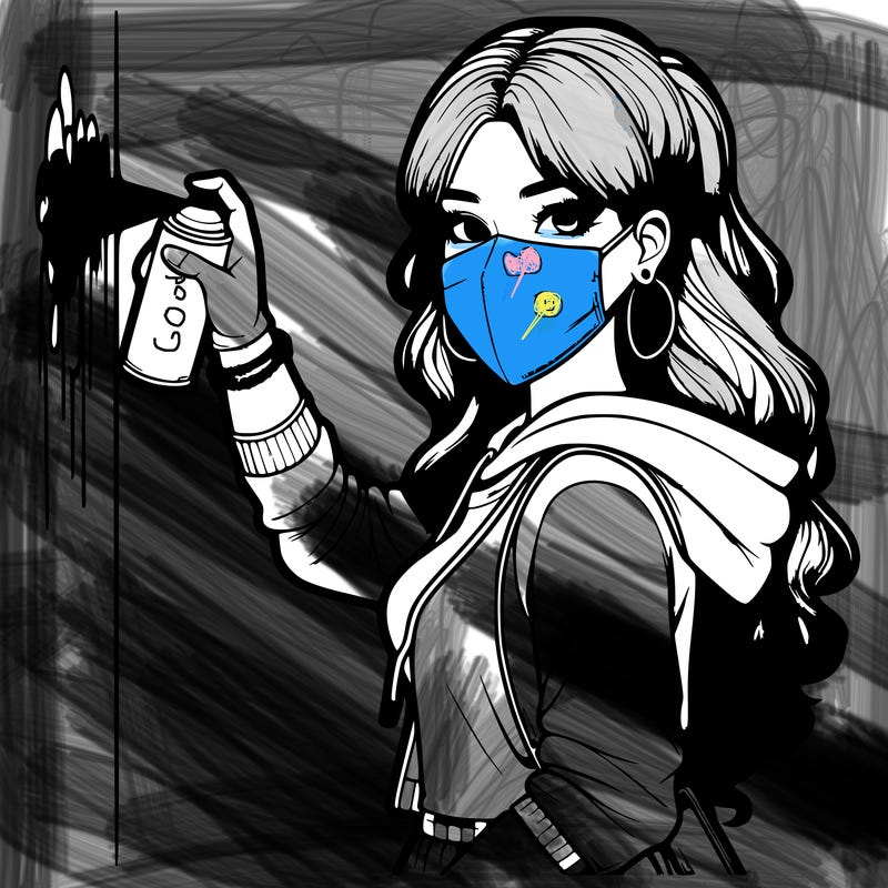 realistic girl with mask spray painting a wall