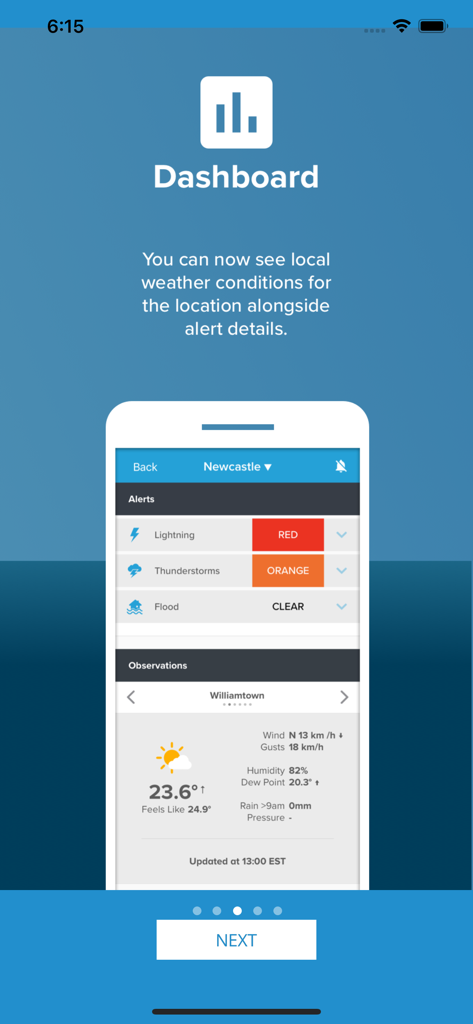 Weatherguard - Dashboard of the Weatherguard app displaying color-coded weather alerts for lightning and thunderstorms alongside local weather observations.