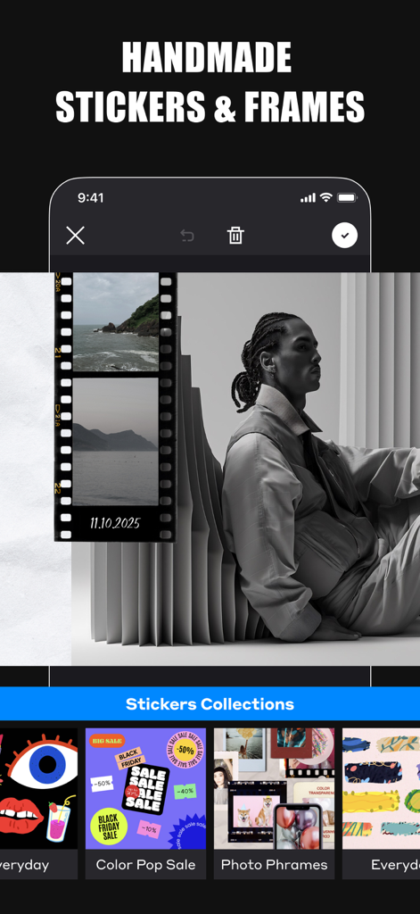 GRIDS Post maker for Instagram - Una interfaz de aplicación móvil que muestra una variedad de pegatinas hechas a mano y marcos de fotos para la creación de contenido de Instagram.