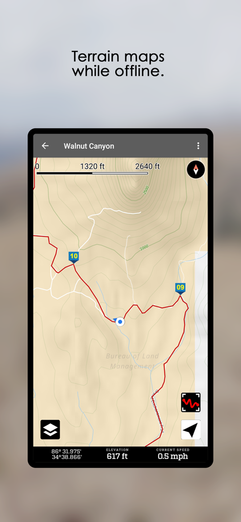 FunTreks 4x4 Offroad Trails - FunTreks app screenshot showing an offline terrain map for offroad navigation in Walnut Canyon