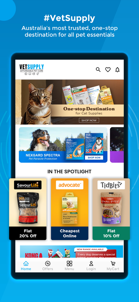 Home screen of VetSupply app featuring deals on pet food and flea treatments