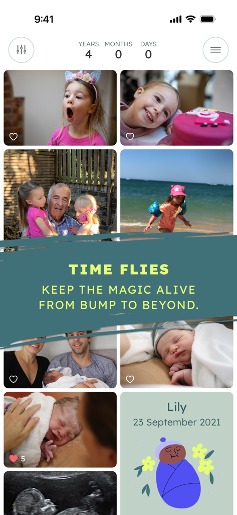 BackThen Family & Baby Photos - A chronological photo timeline in the BackThen app showing baby milestones and family memories from pregnancy to childhood