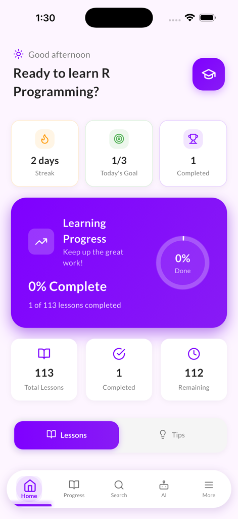 Learn R Programming: AI Tutor - Dashboard of the Learn R Programming app showing student progress daily streaks and lesson statistics