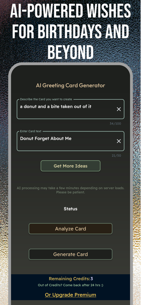Happy Birthday Greeting eCards - Interfaz de un generador de tarjetas de felicitación de IA con indicaciones de texto para crear diseños de tarjetas y mensajes personalizados