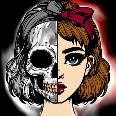 realistic girl with half skull mask