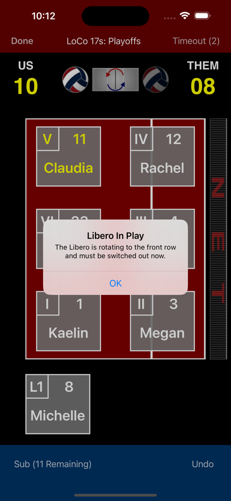Volleyball Lineup Tracker app interface showing a libero rotation alert notification on a digital court layout.